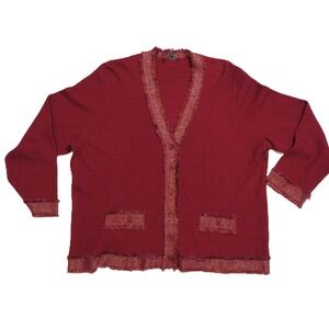 NWT Adrianna Papell Fray Trim Waffle Knit Cardigan Cranberry Gold – Size 2X
